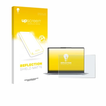 Parte frontal de un envase de producto con el logotipo de la marca upscreen. Al lado se muestra el dispositivo Lenovo ThinkBoo