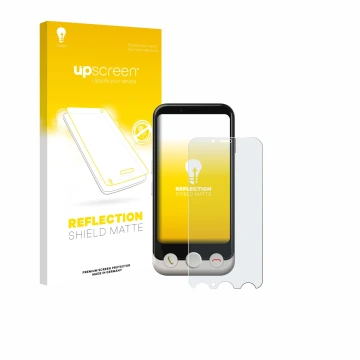 Parte frontal de un envase de producto con el logotipo de la marca upscreen. Al lado se muestra el dispositivo Doro Aurora A10