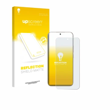 Parte frontal de un envase de producto con el logotipo de la marca upscreen. Al lado se muestra el dispositivo Honor 400 con s