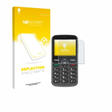 Parte frontal de un envase de producto con el logotipo de la marca upscreen. Al lado se muestra el dispositivo Doro 1380 con s