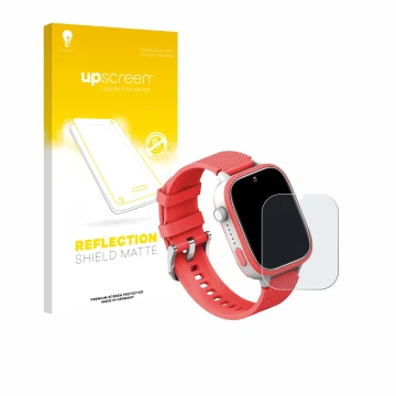 Parte frontal de un envase de producto con el logotipo de la marca upscreen. Al lado se muestra el dispositivo AngelTech Kids 