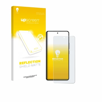 Parte frontal de un envase de producto con el logotipo de la marca upscreen. Al lado se muestra el dispositivo realme GT 7 con