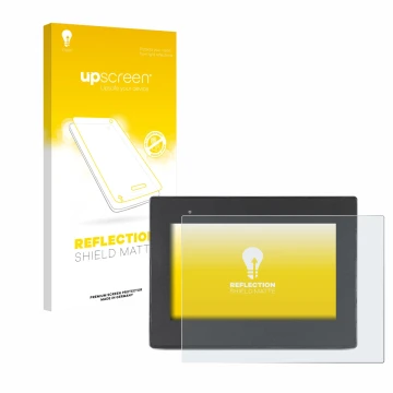 Parte frontal de un envase de producto con el logotipo de la marca upscreen. Al lado se muestra el dispositivo Weintek cMT2078