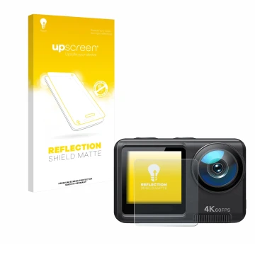 Parte frontal de un envase de producto con el logotipo de la marca upscreen. Al lado se muestra el dispositivo Wolfang GA420 c