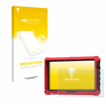 Parte frontal de un envase de producto con el logotipo de la marca upscreen. Al lado se muestra el dispositivo Lilliput A7s 7