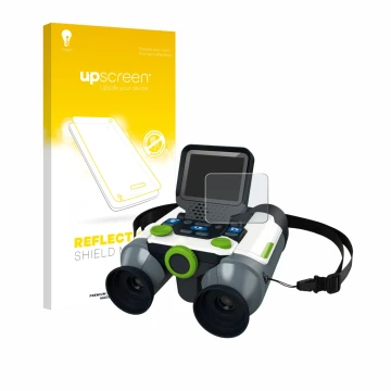 Parte frontal de un envase de producto con el logotipo de la marca upscreen. Al lado se muestra el dispositivo Vtech Binocular