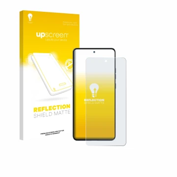 Parte frontal de un envase de producto con el logotipo de la marca upscreen. Al lado se muestra el dispositivo Motorola Moto G
