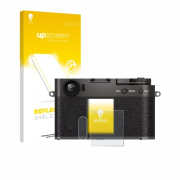 Parte frontal de un envase de producto con el logotipo de la marca upscreen. Al lado se muestra el dispositivo Fujifilm X Half