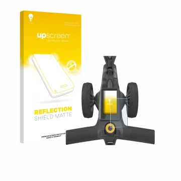 Parte frontal de un envase de producto con el logotipo de la marca upscreen. Al lado se muestra el dispositivo PowaKaddy CT10 