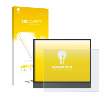 Parte frontal de un envase de producto con el logotipo de la marca upscreen. Al lado se muestra el dispositivo Boox Tab X C co