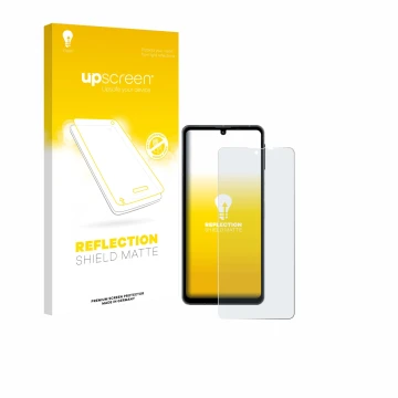 Parte frontal de un envase de producto con el logotipo de la marca upscreen. Al lado se muestra el dispositivo Sharp Aquos Sen
