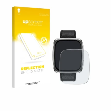 Parte frontal de un envase de producto con el logotipo de la marca upscreen. Al lado se muestra el dispositivo Amazfit Active 