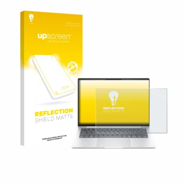 Parte frontal de un envase de producto con el logotipo de la marca upscreen. Al lado se muestra el dispositivo HP EliteBook 8 