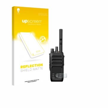 Parte frontal de un envase de producto con el logotipo de la marca upscreen. Al lado se muestra el dispositivo Motorola MOTOTR
