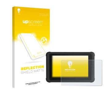 Parte frontal de un envase de producto con el logotipo de la marca upscreen. Al lado se muestra el dispositivo Webfleet PRO 84