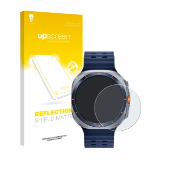 Parte frontal de un envase de producto con el logotipo de la marca upscreen. Al lado se muestra el dispositivo Samsung Galaxy 