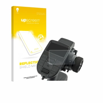 Parte frontal de un envase de producto con el logotipo de la marca upscreen. Al lado se muestra el dispositivo Radiomaster MT1