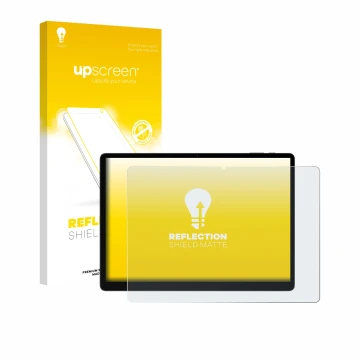 Parte frontal de un envase de producto con el logotipo de la marca upscreen. Al lado se muestra el dispositivo Doogee Tab E3 M