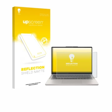 Parte frontal de un envase de producto con el logotipo de la marca upscreen. Al lado se muestra el dispositivo Lenovo Chromebo
