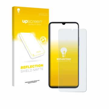 Parte frontal de un envase de producto con el logotipo de la marca upscreen. Al lado se muestra el dispositivo Huawei Nova Y61