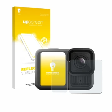 Parte frontal de un envase de producto con el logotipo de la marca upscreen. Al lado se muestra el dispositivo GoPro Hero 13 B