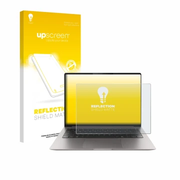 Parte frontal de un envase de producto con el logotipo de la marca upscreen. Al lado se muestra el dispositivo Honor MagicBook
