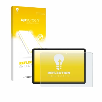 Parte frontal de un envase de producto con el logotipo de la marca upscreen. Al lado se muestra el dispositivo Tabwee T20 10.1