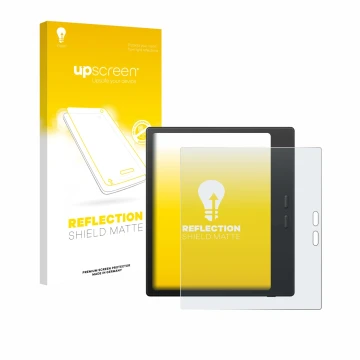 Parte frontal de un envase de producto con el logotipo de la marca upscreen. Al lado se muestra el dispositivo Boox Go Color 7