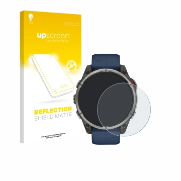 Parte frontal de un envase de producto con el logotipo de la marca upscreen. Al lado se muestra el dispositivo Garmin quatix 8