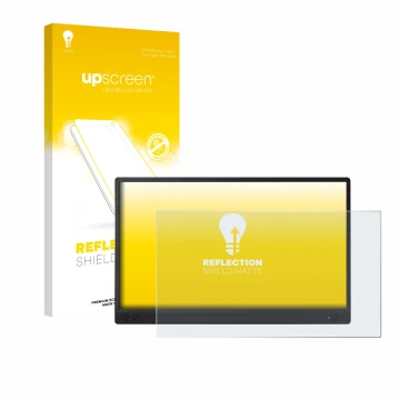 Parte frontal de un envase de producto con el logotipo de la marca upscreen. Al lado se muestra el dispositivo ASUS ZenScreen 