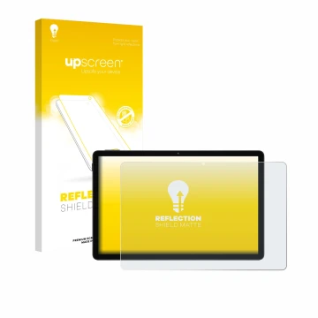 Parte frontal de un envase de producto con el logotipo de la marca upscreen. Al lado se muestra el dispositivo Doogee Tab A9 P
