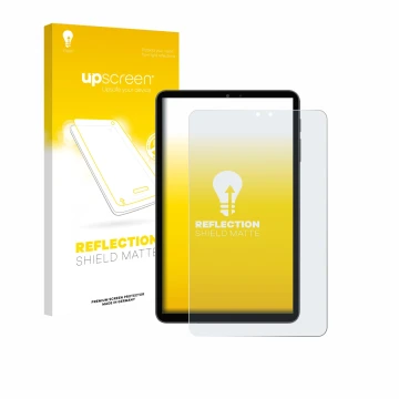 Parte frontal de un envase de producto con el logotipo de la marca upscreen. Al lado se muestra el dispositivo Alldocube iPlay