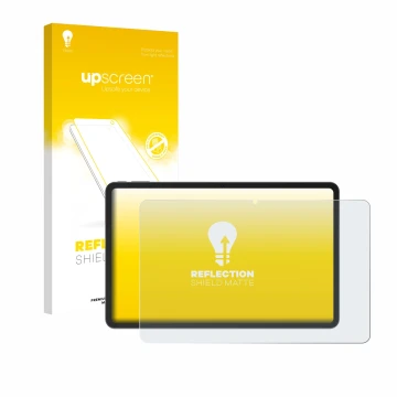 Parte frontal de un envase de producto con el logotipo de la marca upscreen. Al lado se muestra el dispositivo Doogee V Pad 12