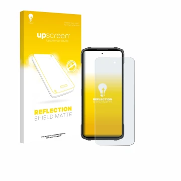 Parte frontal de un envase de producto con el logotipo de la marca upscreen. Al lado se muestra el dispositivo Doogee Blade 20