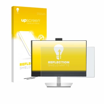 Parte frontal de un envase de producto con el logotipo de la marca upscreen. Al lado se muestra el dispositivo Dell Pro 24 All