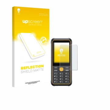 Parte frontal de un envase de producto con el logotipo de la marca upscreen. Al lado se muestra el dispositivo Ulefone Armor M