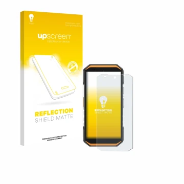 Parte frontal de un envase de producto con el logotipo de la marca upscreen. Al lado se muestra el dispositivo Ulefone Armor X