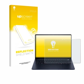 Parte frontal de un envase de producto con el logotipo de la marca upscreen. Al lado se muestra el dispositivo HP EliteBook Ul