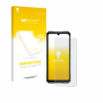 Parte frontal de un envase de producto con el logotipo de la marca upscreen. Al lado se muestra el dispositivo Doogee Blade GT