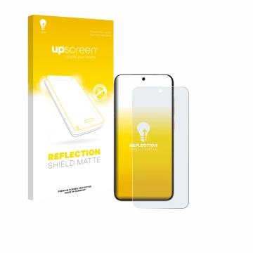 Parte frontal de un envase de producto con el logotipo de la marca upscreen. Al lado se muestra el dispositivo Vivo X200 FE co