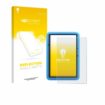 Parte frontal de un envase de producto con el logotipo de la marca upscreen. Al lado se muestra el dispositivo Blackview Tab 6