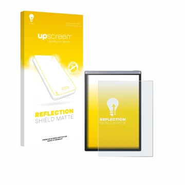 Parte frontal de un envase de producto con el logotipo de la marca upscreen. Al lado se muestra el dispositivo iflytek Ainote 