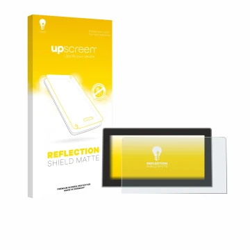 Parte frontal de un envase de producto con el logotipo de la marca upscreen. Al lado se muestra el dispositivo Volkswagen Golf