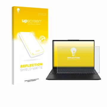 Parte frontal de un envase de producto con el logotipo de la marca upscreen. Al lado se muestra el dispositivo Lenovo ThinkPad