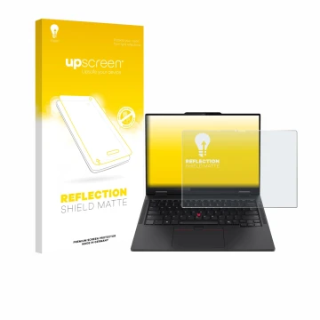 Parte frontal de un envase de producto con el logotipo de la marca upscreen. Al lado se muestra el dispositivo Lenovo ThinkPad