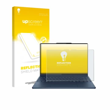 Parte frontal de un envase de producto con el logotipo de la marca upscreen. Al lado se muestra el dispositivo Lenovo Yoga Pro