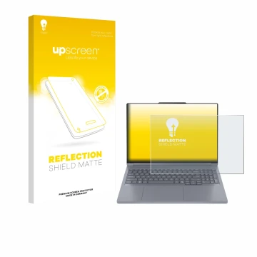 Parte frontal de un envase de producto con el logotipo de la marca upscreen. Al lado se muestra el dispositivo Lenovo ThinkBoo