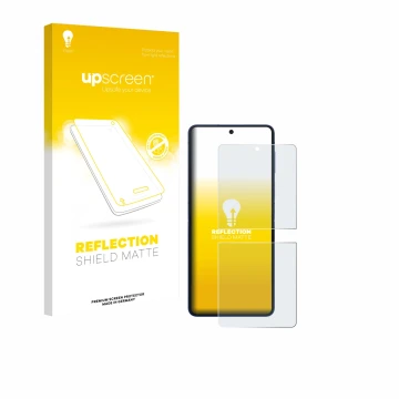 Parte frontal de un envase de producto con el logotipo de la marca upscreen. Al lado se muestra el dispositivo Samsung Galaxy 