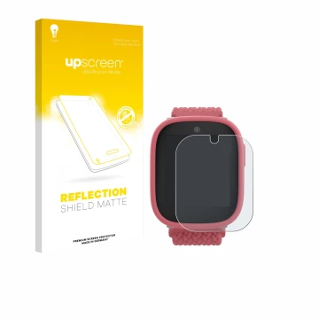 Parte frontal de un envase de producto con el logotipo de la marca upscreen. Al lado se muestra el dispositivo Xplora X6 Play 