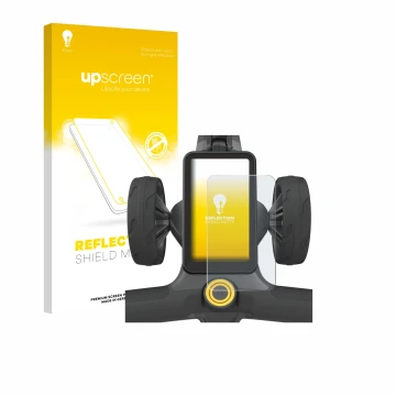 Parte frontal de un envase de producto con el logotipo de la marca upscreen. Al lado se muestra el dispositivo PowaKaddy CT12 